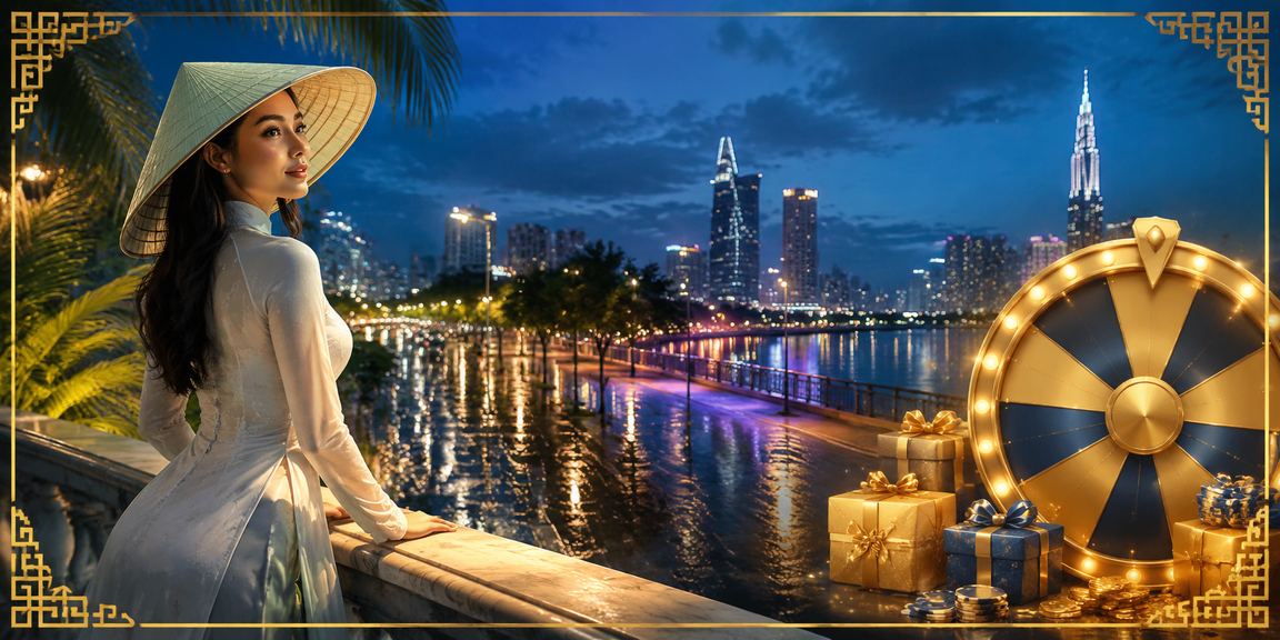 Khung cảnh thành phố Hồ Chí Minh về đêm với hình ảnh nón lá gợi lên nét văn hóa Việt Nam trong không gian giải trí hiện đại