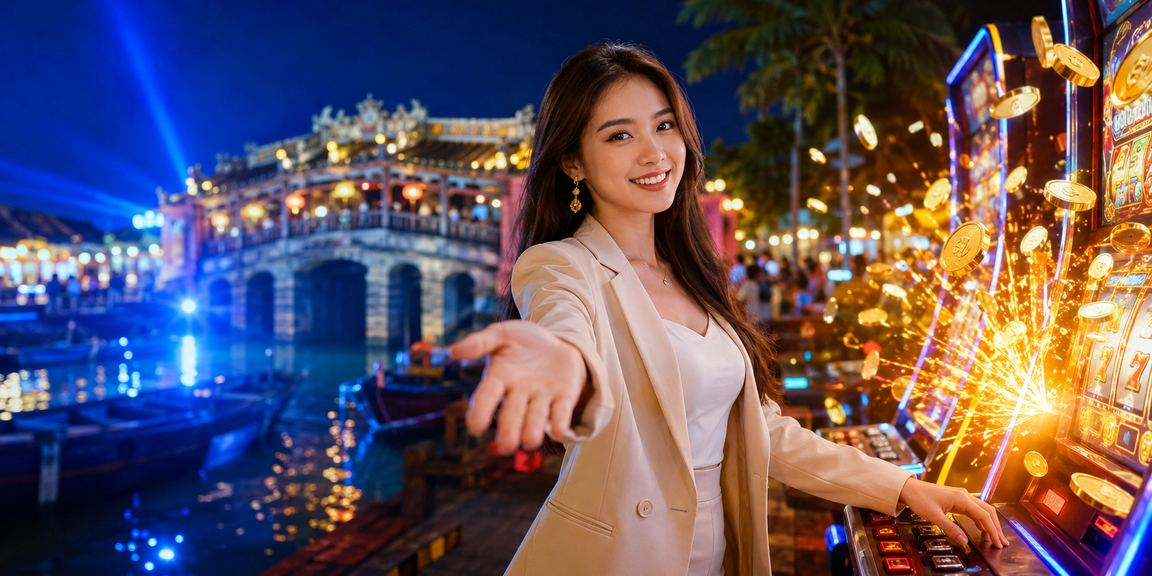 Màn hình slot game sáng rực được chiếu sáng bên cạnh khu chợ đêm Hội An