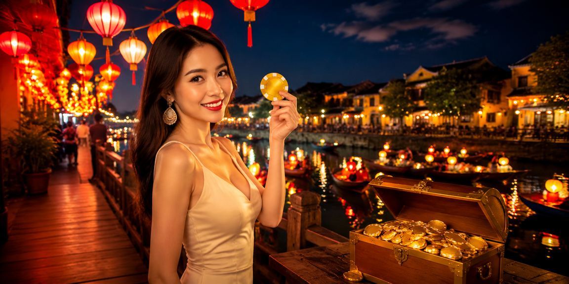Người dùng xem lịch thể thao trực tuyến tại chợ đêm Hội An về đêm